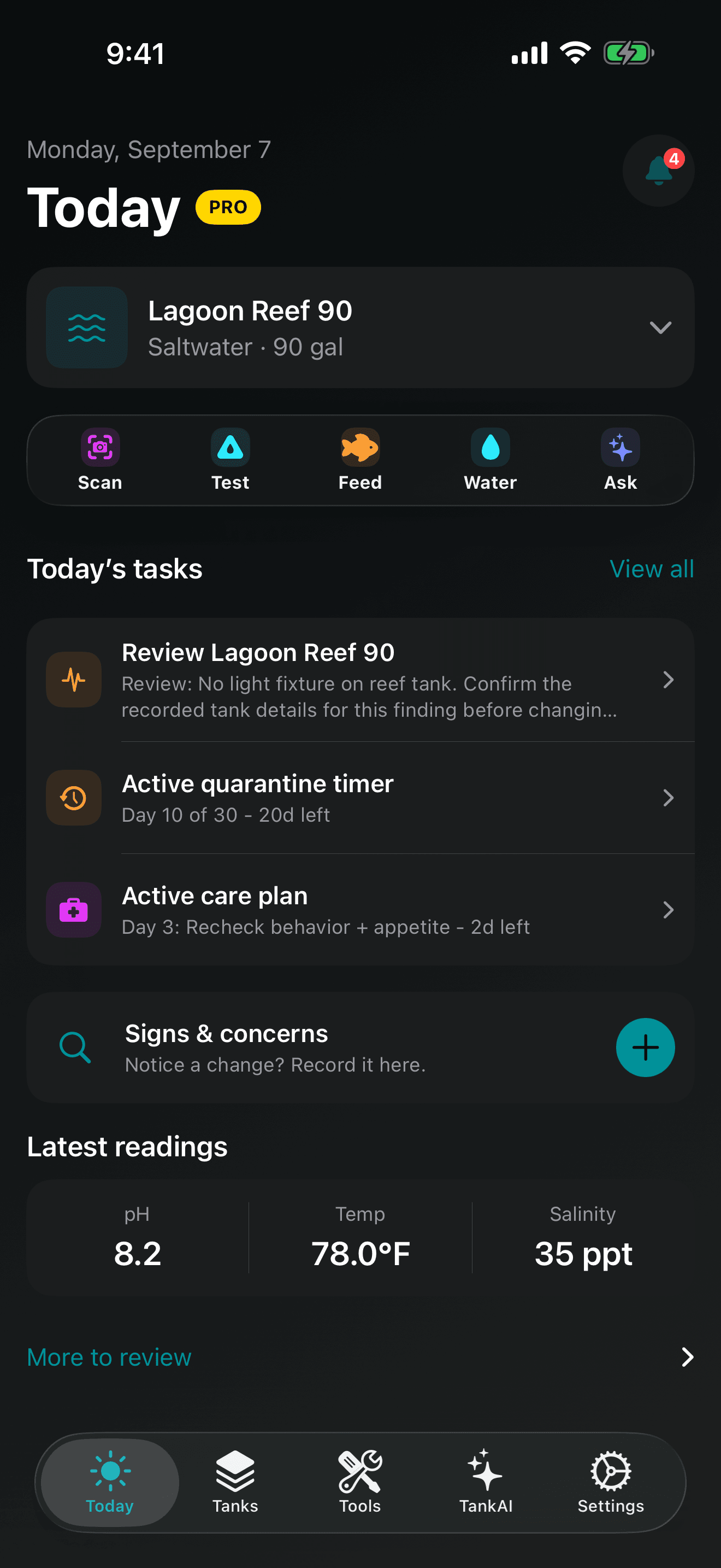 TankForge iOS Today command center showing aquarium care priorities and recent tank activity