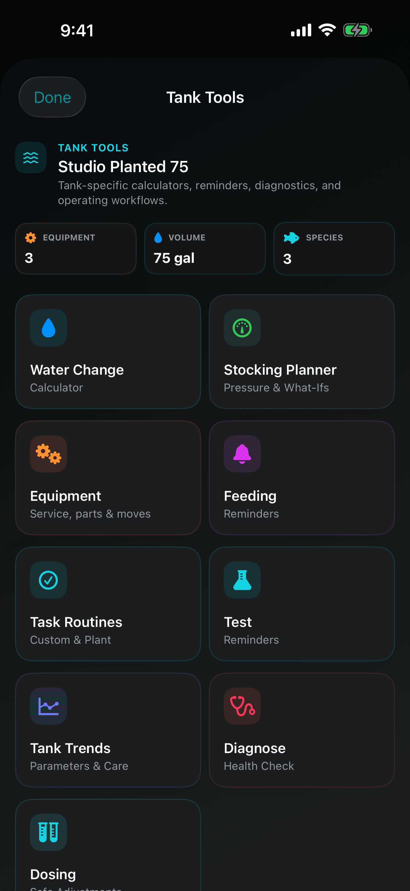 TankForge iOS tank tools showing care actions and planning tools for a selected aquarium